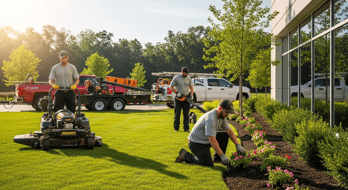 Professional landscaping crew working on a commercial property