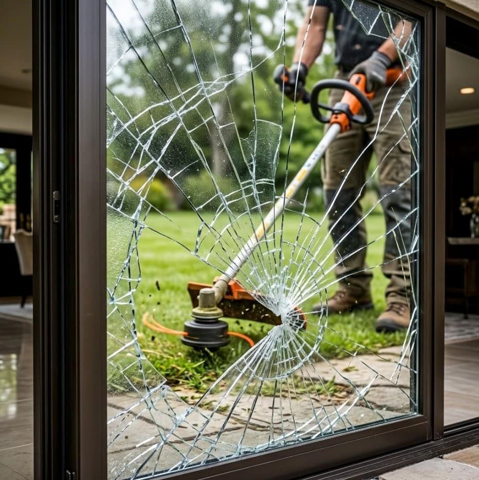 A landscaper using a string trimmer in a backyard, seen through a large shattered glass sliding door - Fieldwork Insurance