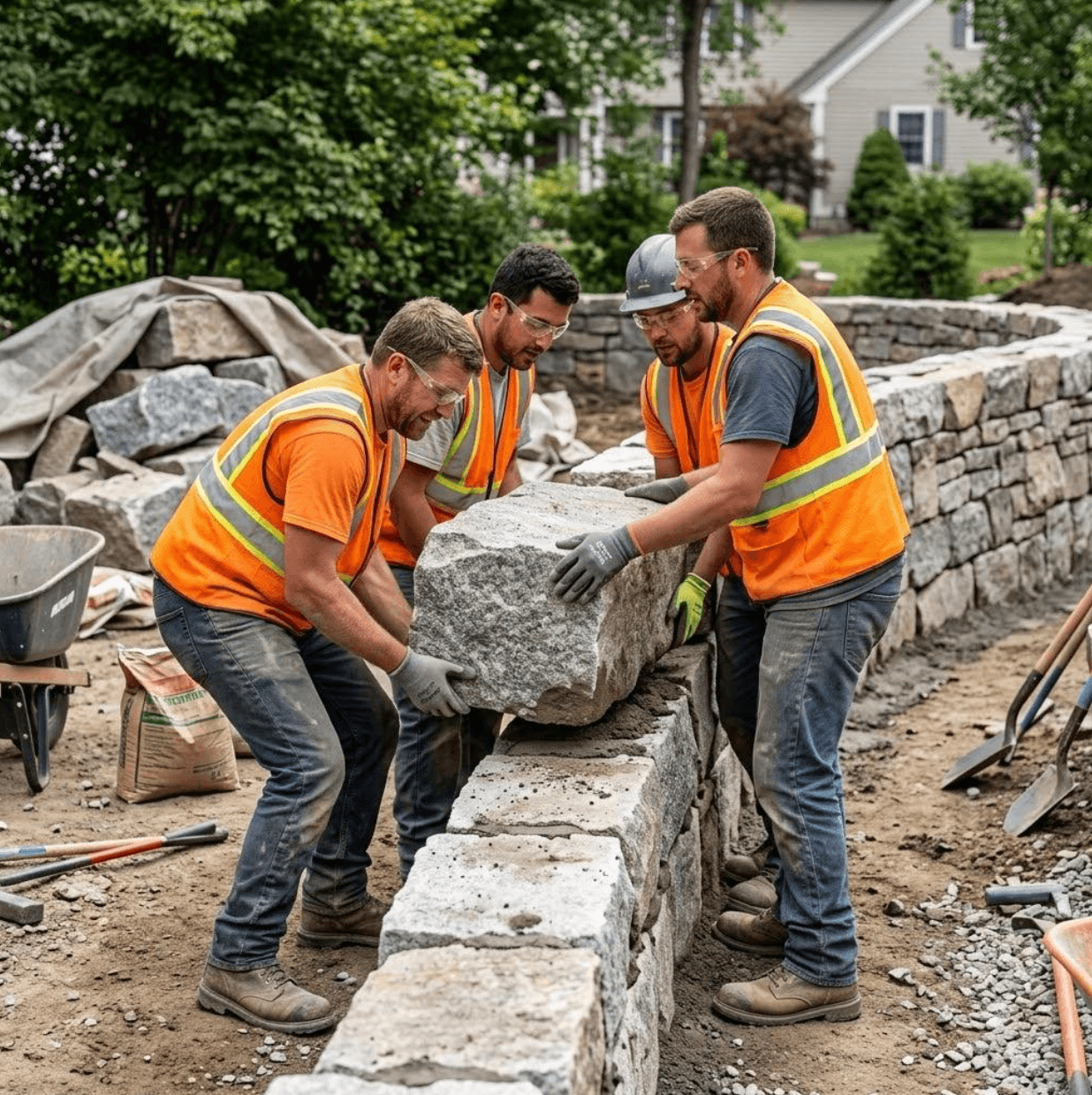 A landscaping crew in safety vests lowering a heavy stone block while building a retaining wall - Fieldwork Insurance
